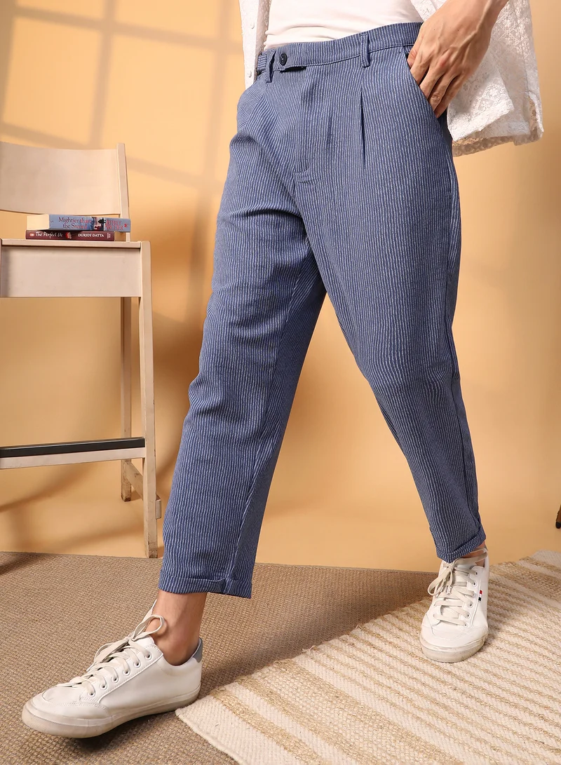 Men's Steel Blue Striped Tailored Trousers For Casual Wear | 4 Pockets | Mid-Rise | Button Closure | Trousers Crafted With Comfort Fit For Everyday Wear